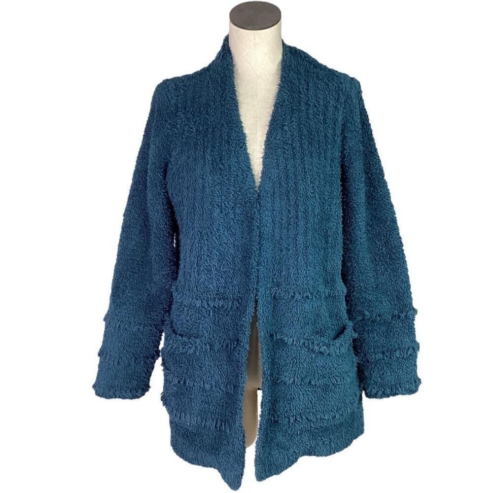 Barefoot Dreams CozyChic Boardwalk Cardigan Women M Teal Pockets Long Sleeves